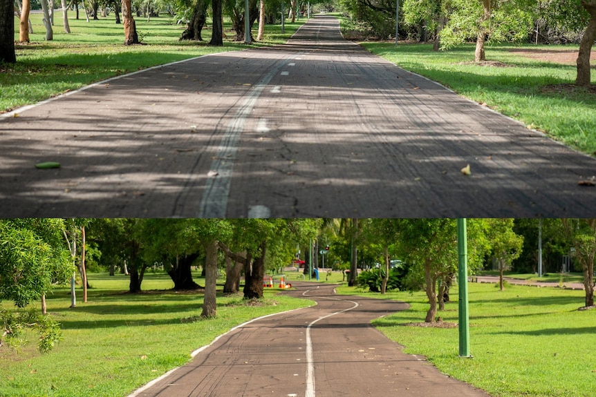 Two shots of a cycle path showing great afternoon shade and some bare bitumen.