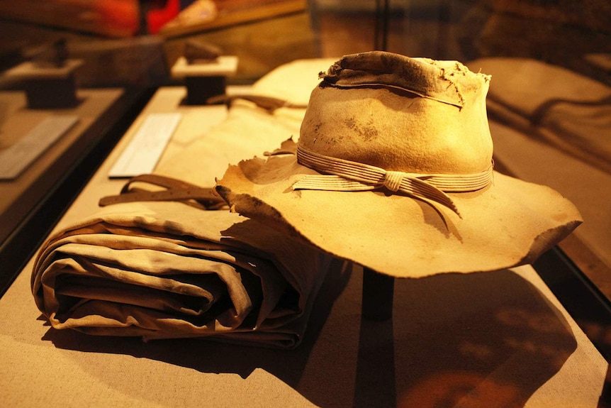 Swagman's hat and swag on display at the rebuilt Waltzing Matilda Centre in Winton in western Queensland in April 2018.