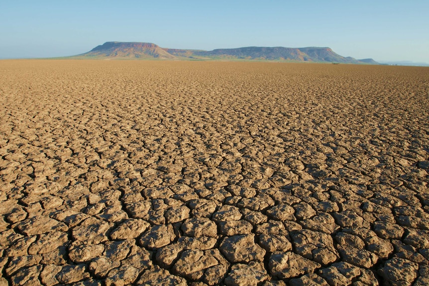 A wide shot showing brown mudflats stretching into the distance with a mountain range in the distance.