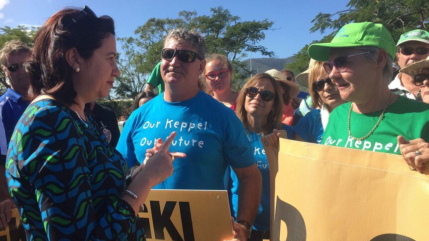 Premier Annastacia Palaszczuk spoke to protesters in Rockhampton ahead of Sunday's Community Cabinet meeting.