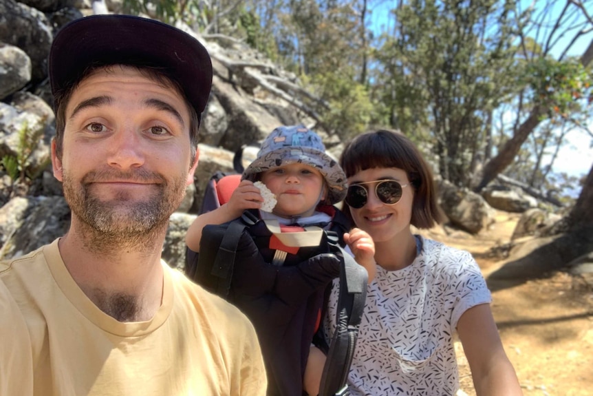 Illustrator Josh Pringle bushwalking with his wife Lindsay and son Rupert