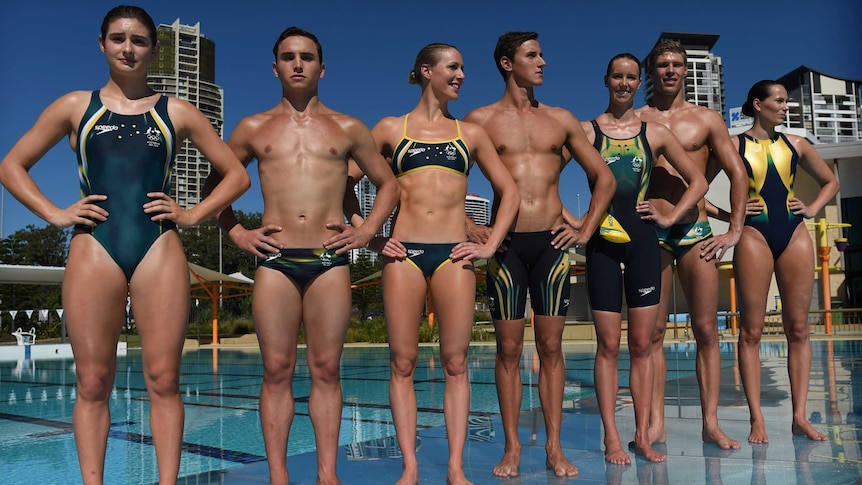 The Australian Olympics swimming team posing in their new swimwear for Rio