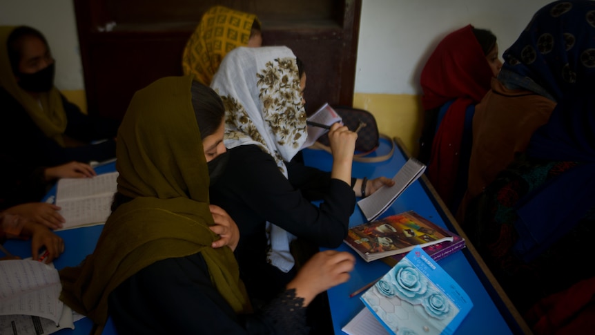 A row of girls sit at a school desk with books and pens  