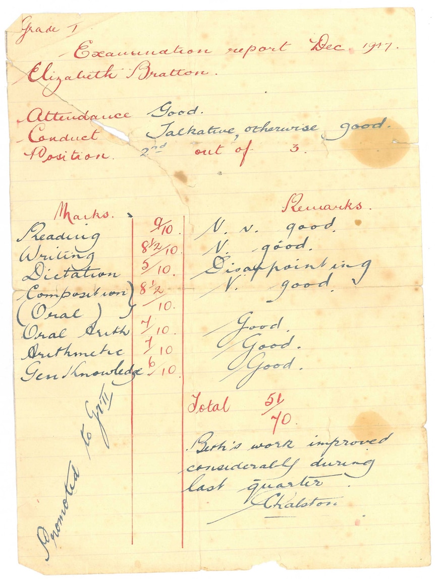 Grade one examination report from December 1947