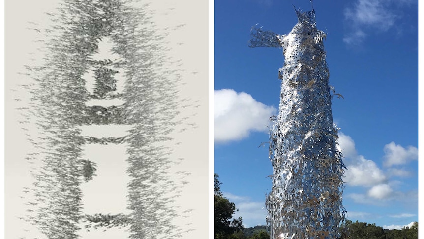 Corey Thomas' sketch of his proposed lighthouse sculpture on the left contrasted to what was installed on the right
