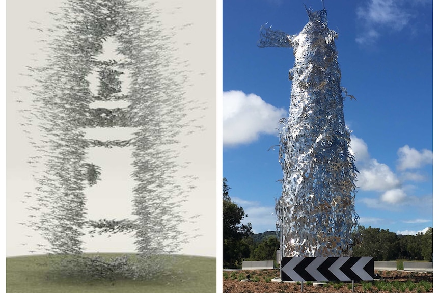Corey Thomas' sketch of his proposed lighthouse sculpture on the left contrasted to what was installed on the right