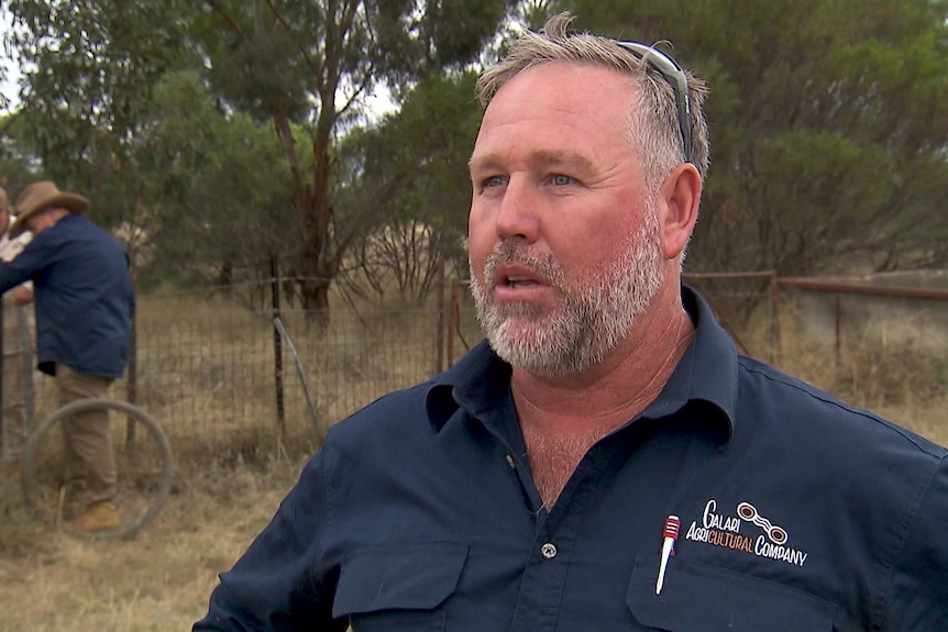 A man with short hair and a neat beard stands in a paddock.