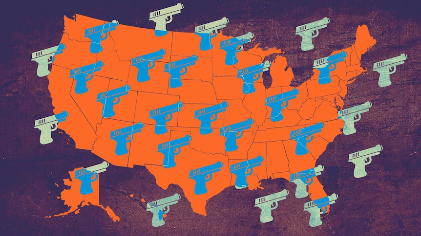 A map of USA is covered with an hand gun icons.