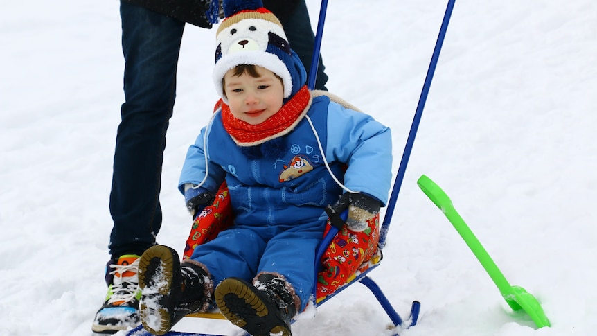 A young boy being pushed on a sled in the snow. 