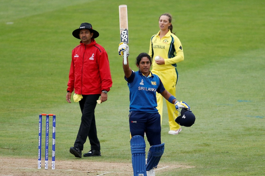 Sri Lanka's Chamari Atapattu gets a century against Australia at 20217 Women's Cricket World Cup.