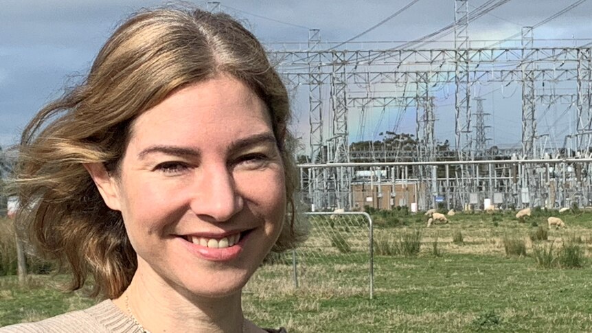 Woman in front of electrical substation