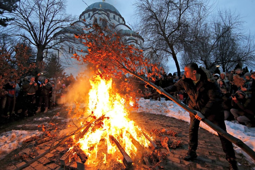 Orthodox Christians in Serbia burn dried oak branches which symbolise the Yule log on Orthodox Christmas Eve.