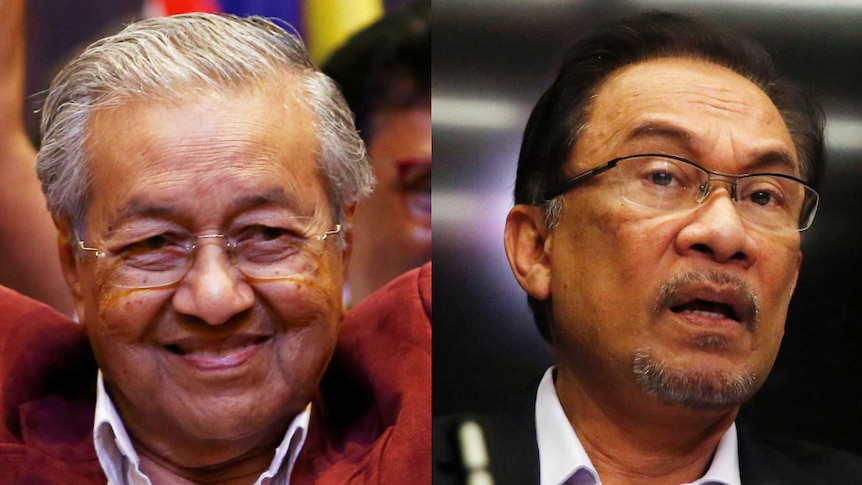 A composite image of Malaysian PM Mahathir Mohamad and Anwar Ibrahim.
