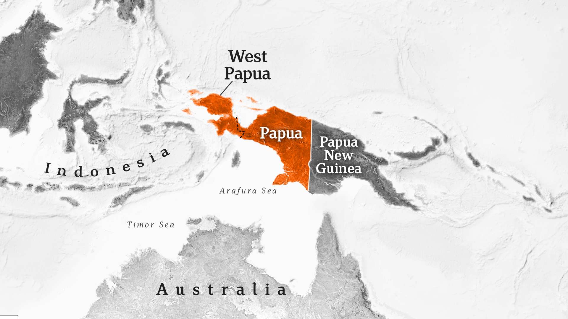 A black and white map with West Papua and Papua highlighted in orange, neighbouring PNG and Australia.