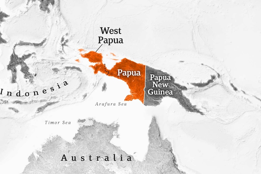 A black and white map with West Papua and Papua highlighted in orange, neighbouring PNG and Australia.