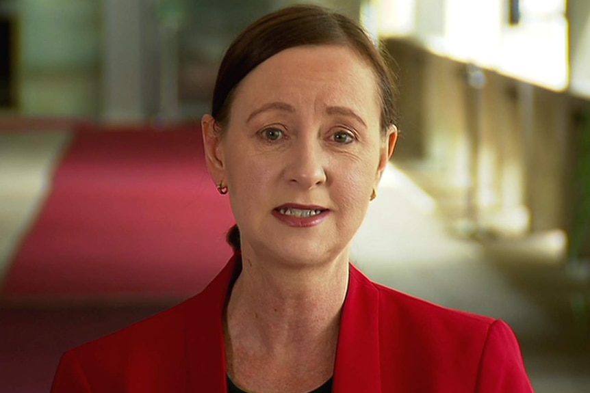 Queensland Health Minister Yvette D'Ath in a red jacket speaking to the media