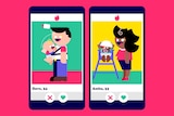 Illustration of two smartphone screens showing dating profile pictures of a single dad and single mum with small children.