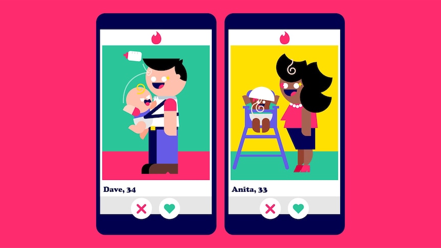 Illustration of two smartphone screens showing dating profile pictures of a single dad and single mum with small children.