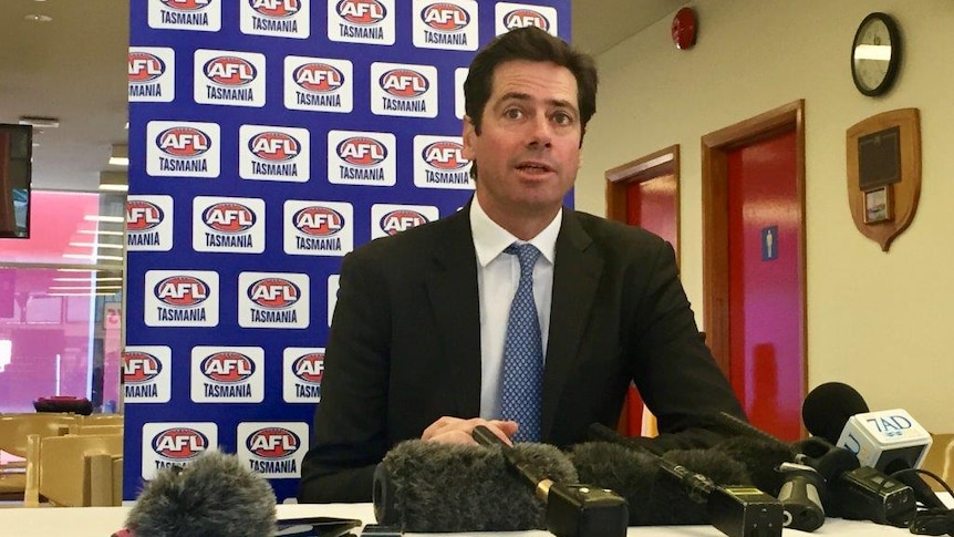 AFL Boss Gill McLachlan at his news conference in Devonport after meeting with local football teams