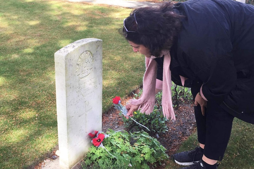 Shelley Lloyd at her great uncle's war grave