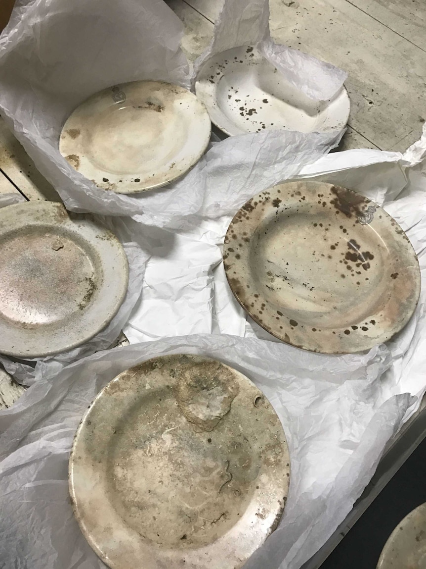 Ceramic plates salvaged from the wreck of HMAS Perth.