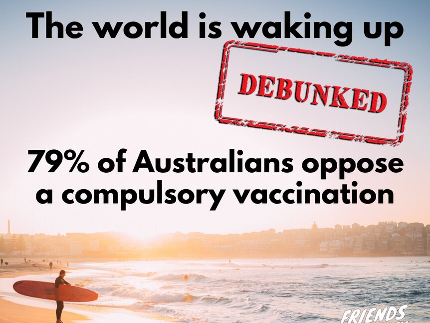 A Facebook post with a surfer in the background makes false claims about compulsory vaccination, a debunked stamp is overlayed