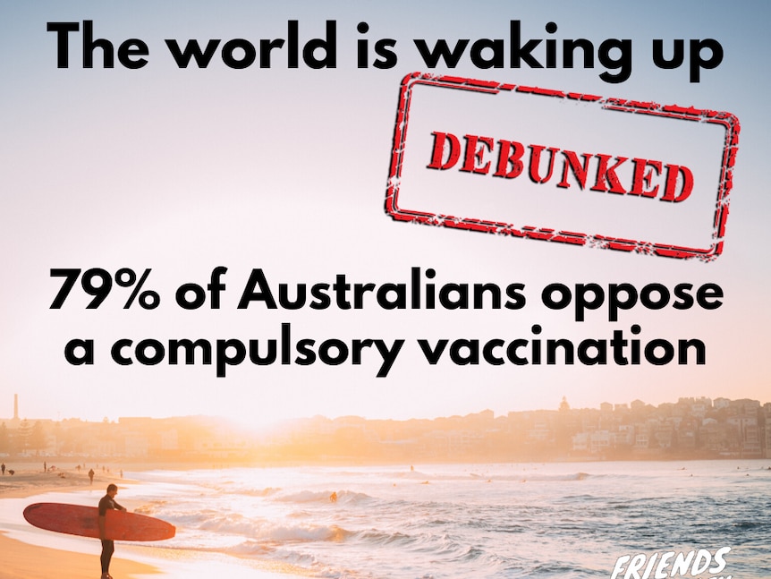 A Facebook post with a surfer in the background makes false claims about compulsory vaccination, a debunked stamp is overlayed