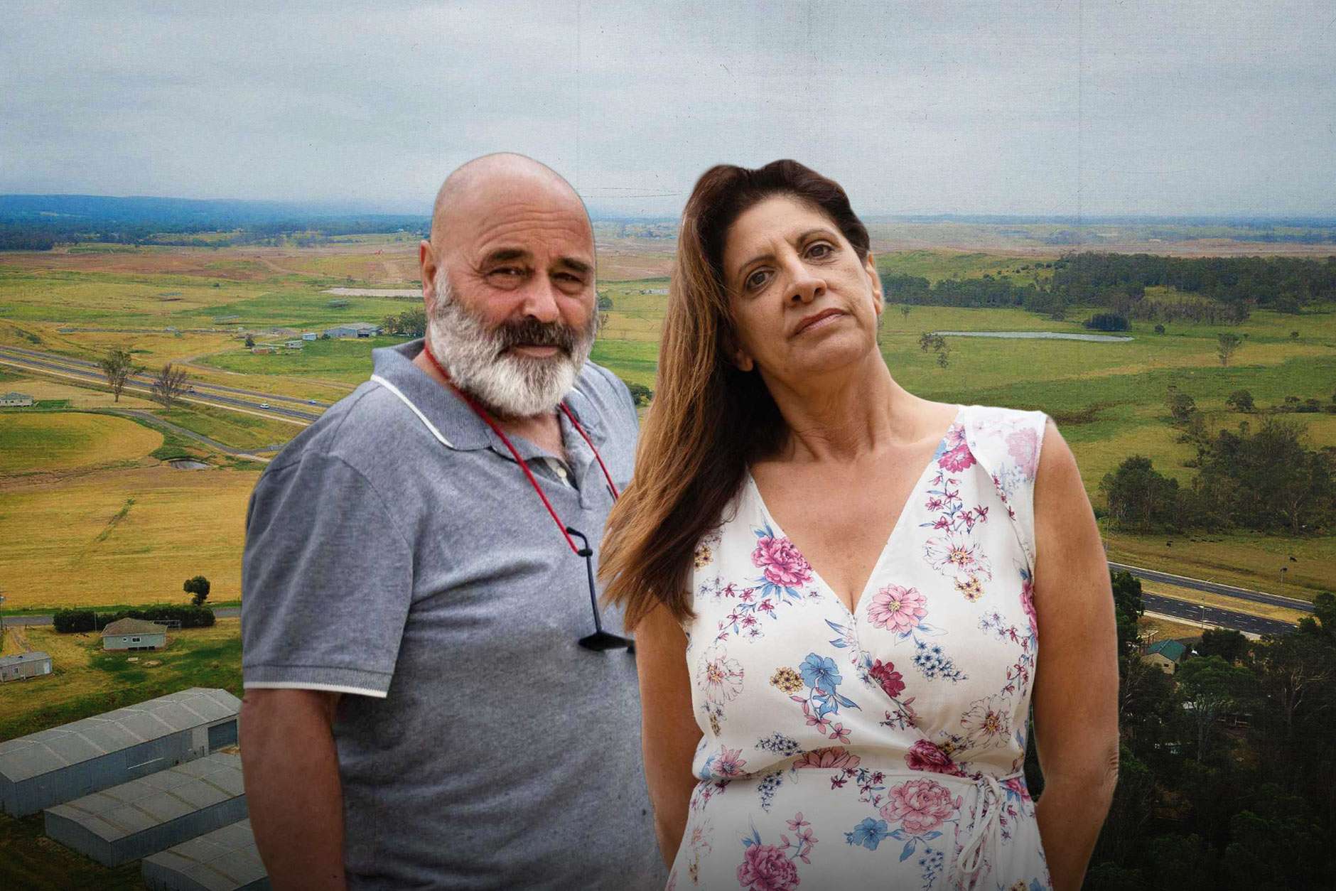 A graphic of a woman and a man, looking at a camera, with rural properties in the background