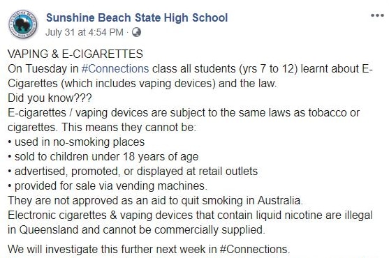 A Facebook post details rules around vaping and pictures a young person vaping.