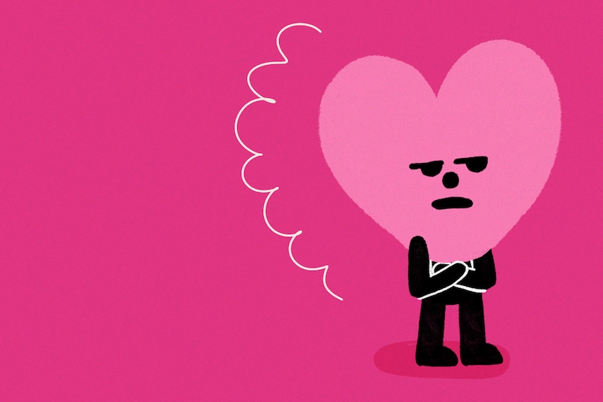 Illustration of a stick figure with a love-heart shaped head with arms crossed and a grouchy expression.
