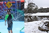 Composite image of a child playing at a water park and a snowman at Corin Forest.