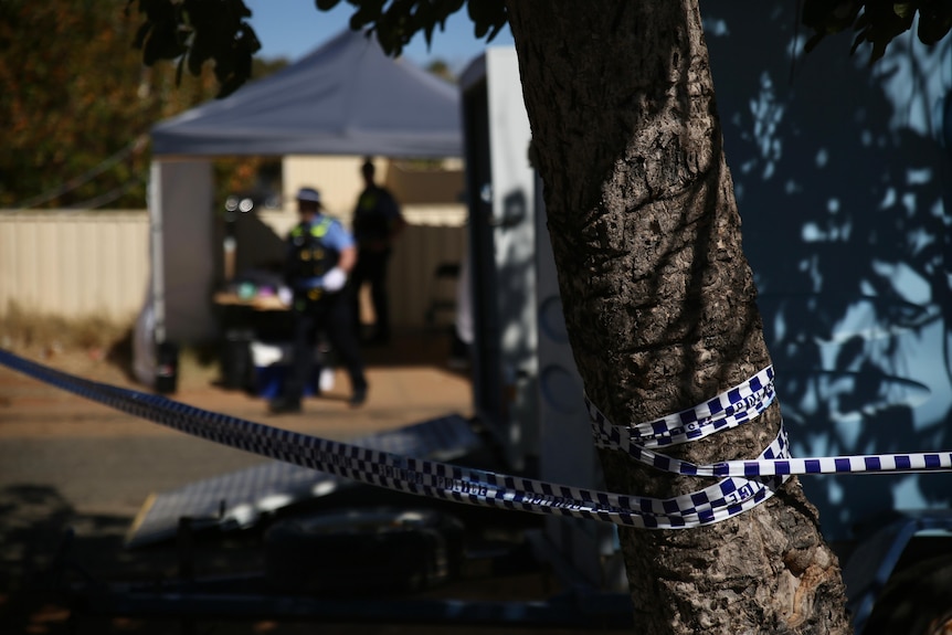 Police tape around a tree outside the house where Cleo Smith was found.