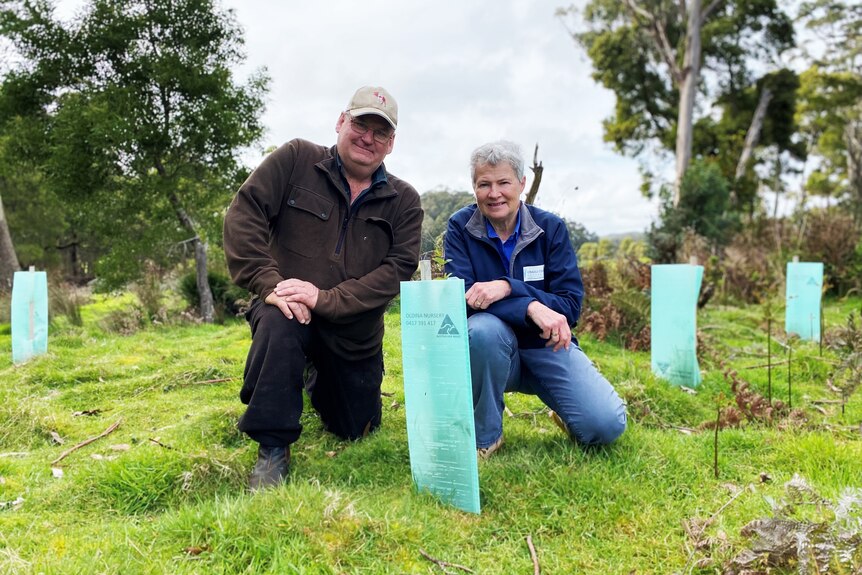 A man and woman kneel down next to a newly planted sapling alongside a river running through a paddock.