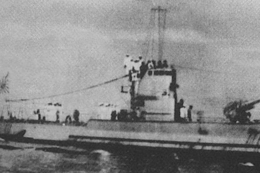 A black and white photo of Japanese submarine I-124 sunk of north Australian waters with 80 crew on board 20 January 1942