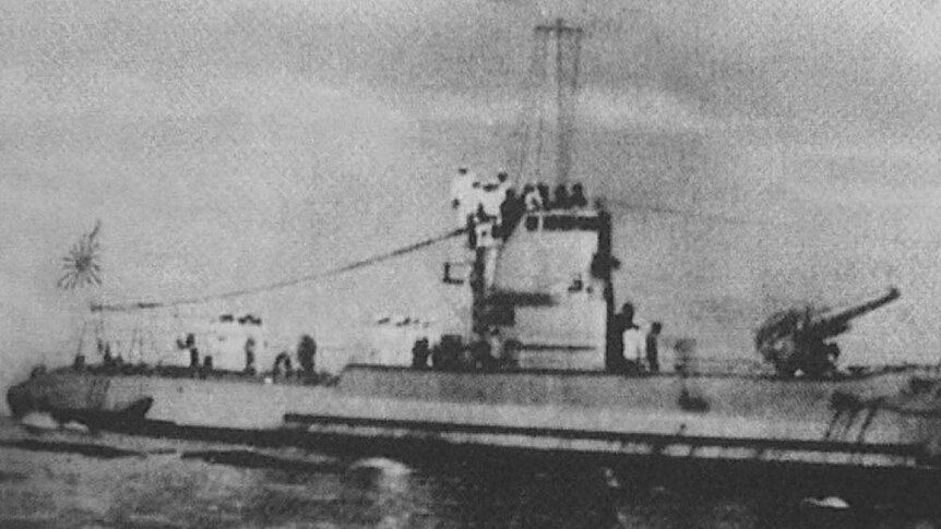 A black and white photo of Japanese submarine I-124 sunk of north Australian waters with 80 crew on board 20 January 1942