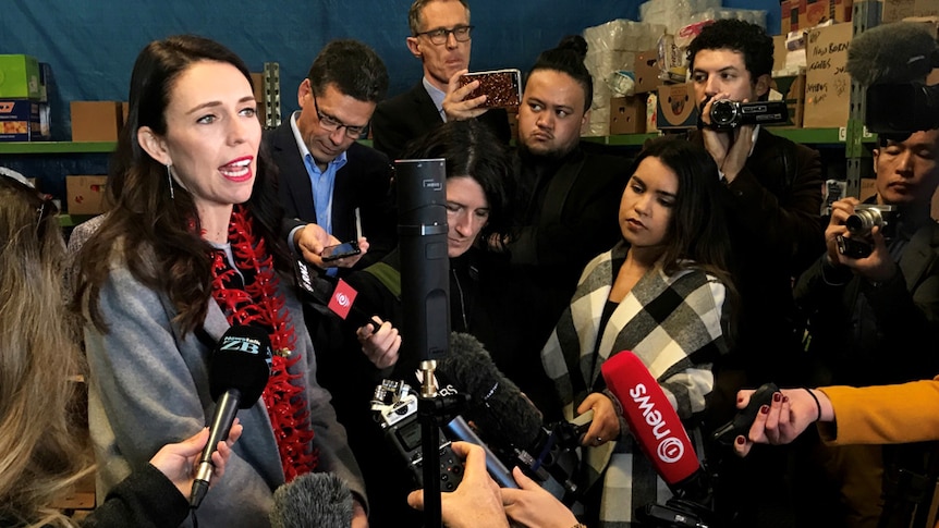 NZ Labour Party leader Jacinda Ardern speaks to a media pack on the campaign trail in New Zealand.