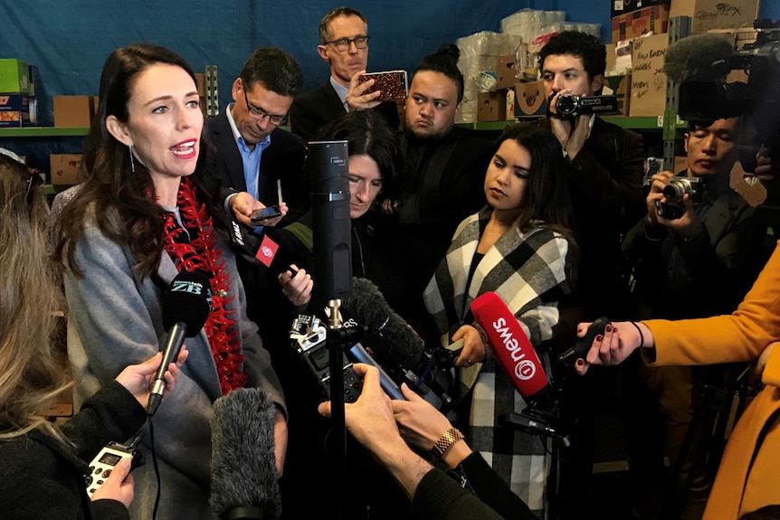 NZ Labour Party leader Jacinda Ardern speaks to a media pack on the campaign trail in New Zealand.