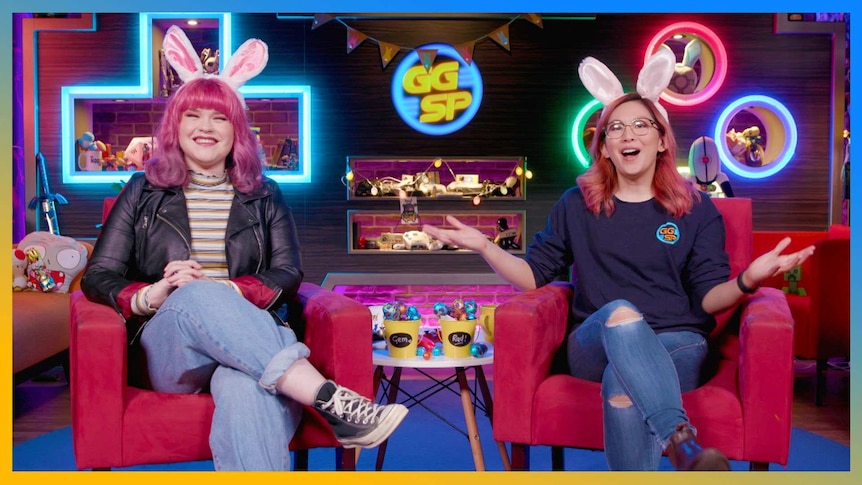 Gem and Rad wearing bunny ears on the GGSP set. There are Easter decorations and chocolate eggs.