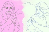 Illustration of a woman on phone and a fat woman looking shocked reading comments to depict fat phobic comments online.