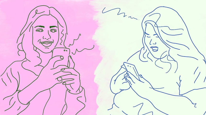 Illustration of a woman on phone and a fat woman looking shocked reading comments to depict fat phobic comments online.