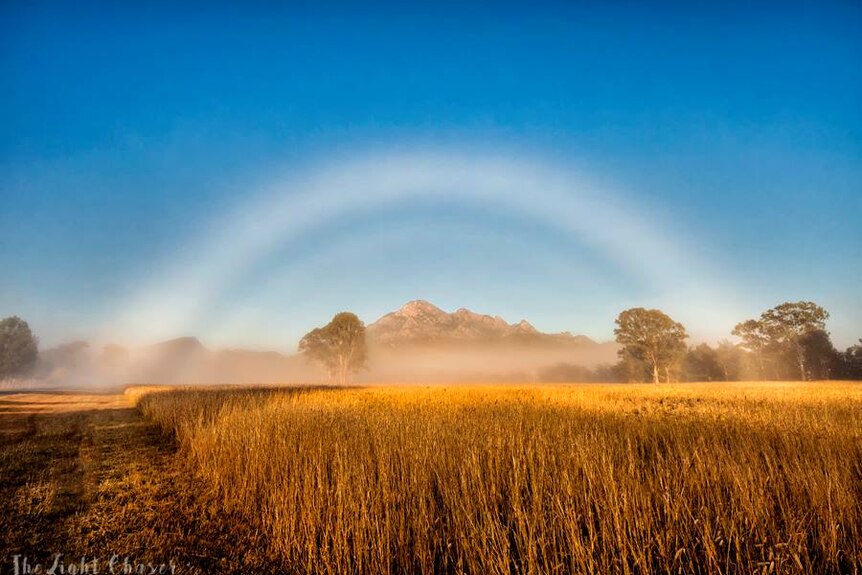 A white rainbow frames Mount Barney across a paddock.