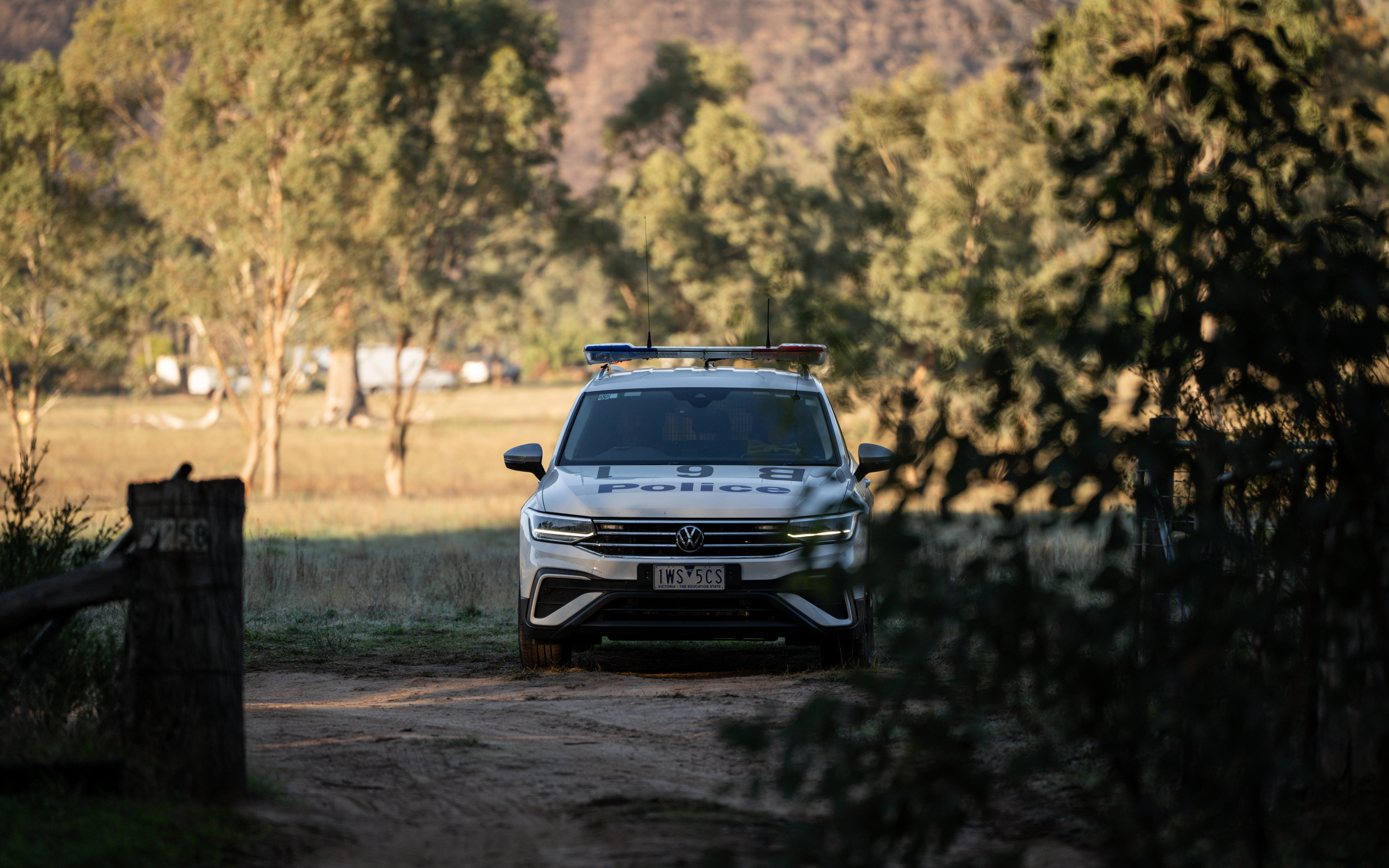 A police car at the Thologolong property the morning after Dezi Freeman was killed.