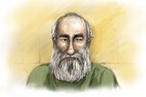 A court sketch of Brendan Luke Stevens, who has a beard and wears a green shirt.