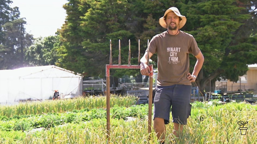 Man wearing hat leaning on farming hand fork in vegie plot