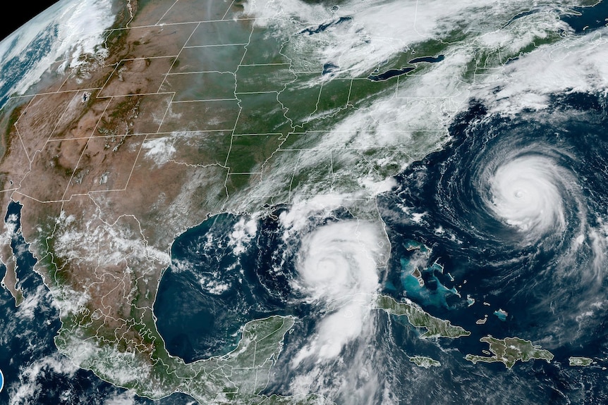 Satellite image of a hurricane off the coast of America. 