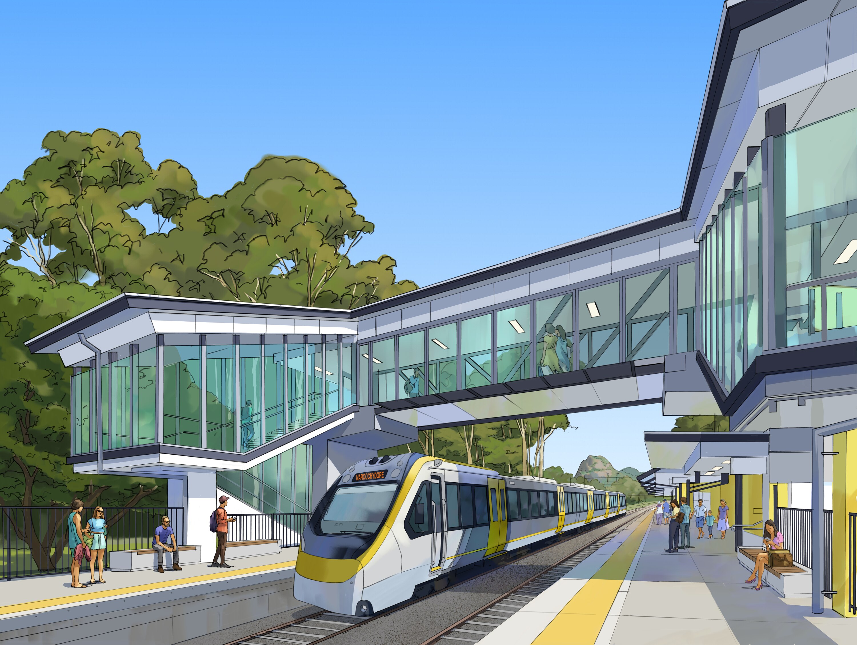 llustration of train station with overpass 