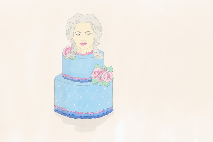 Water colour illustration of two tiered cake with likeness of Marie Antoinette on top.
