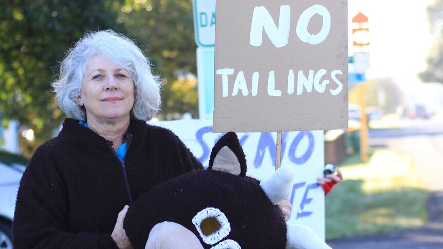 A woman in a cow suit, holding a sign that says 'no tailings'