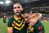 Cameron Smith embraces Cooper Cronk after Rugby League World Cup final.