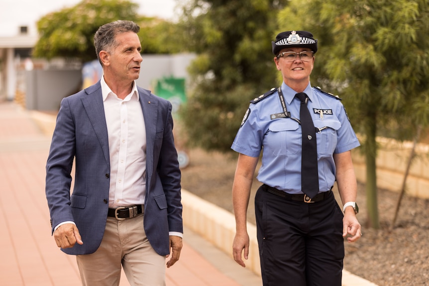 Series of photos of Police Minister Paul Papalia and Goldfields-Esperance Police Superintendent Kate Collins.